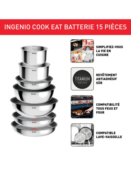 Batterie de cuisine Tefal Ingenio Cook Eat Inox 15 pièces Batterie de cuisine Tefal Ingenio Cook Eat Inox 15 pièces