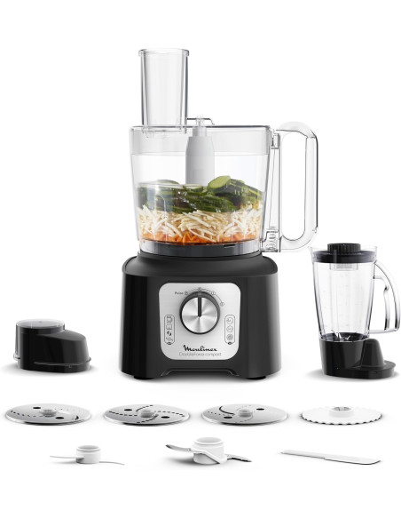 Robot Moulinex Double Force Cuisine Multifonction 800W, Bol 3L, 9 Accessoires, 2 Vitesses + Pulse, Blender 1,25L