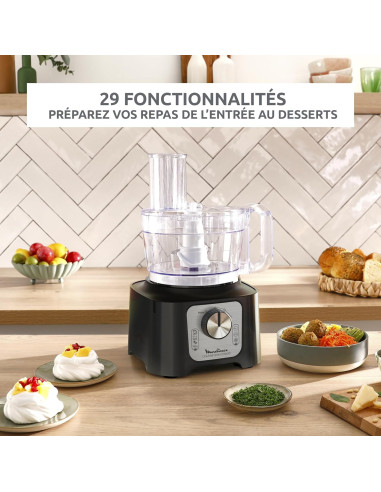 Robot Moulinex Double Force Cuisine Multifonction 800W, Bol 3L, 9 Accessoires, 2 Vitesses + Pulse, Blender 1,25L