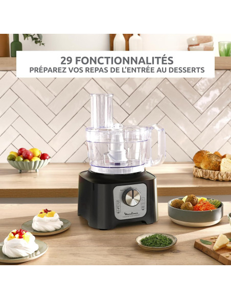 Robot Moulinex Double Force Cuisine Multifonction 800W, Bol 3L, 9 Accessoires, 2 Vitesses + Pulse, Blender 1,25L