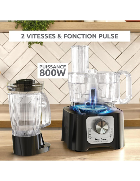 Robot Moulinex Double Force Cuisine Multifonction 800W, Bol 3L, 9 Accessoires, 2 Vitesses + Pulse, Blender 1,25L
