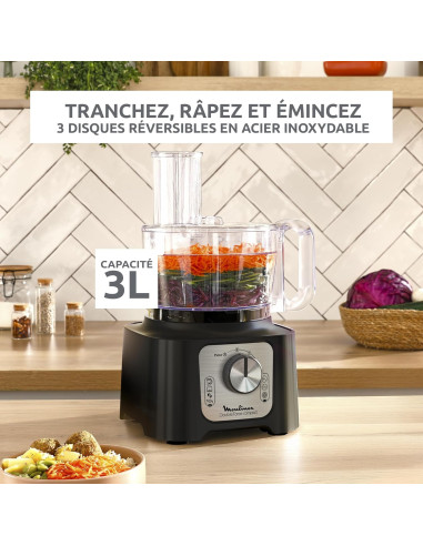 Robot Moulinex Double Force Cuisine Multifonction 800W, Bol 3L, 9 Accessoires, 2 Vitesses + Pulse, Blender 1,25L
