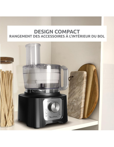 Robot Moulinex Double Force Cuisine Multifonction 800W, Bol 3L, 9 Accessoires, 2 Vitesses + Pulse, Blender 1,25L