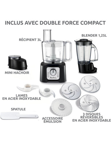 Robot Moulinex Double Force Cuisine Multifonction 800W, Bol 3L, 9 Accessoires, 2 Vitesses + Pulse, Blender 1,25L
