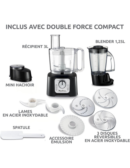 Robot Moulinex Double Force Cuisine Multifonction 800W, Bol 3L, 9 Accessoires, 2 Vitesses + Pulse, Blender 1,25L