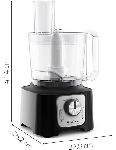 Robot Moulinex Double Force Cuisine Multifonction 800W, Bol 3L, 9 Accessoires, 2 Vitesses + Pulse, Blender 1,25L