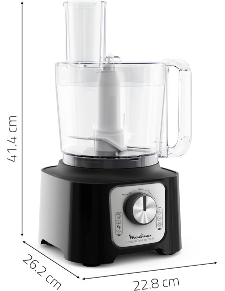 Robot Moulinex Double Force Cuisine Multifonction 800W, Bol 3L, 9 Accessoires, 2 Vitesses + Pulse, Blender 1,25L