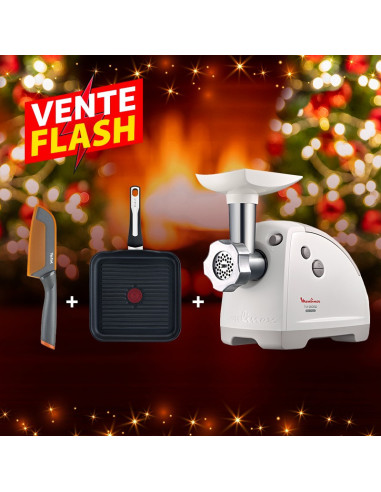 Hachoir à Viande Moulinex HV8 2000W Blanc + Poêle Grill 26cm + Couteau Santoku Gratuit