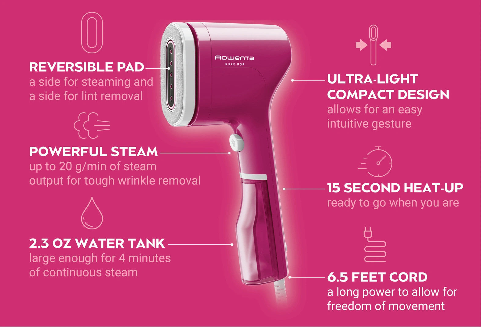 Défroisseur Vapeur à Main Rowenta Pure Pop Slim Rose - 1300W