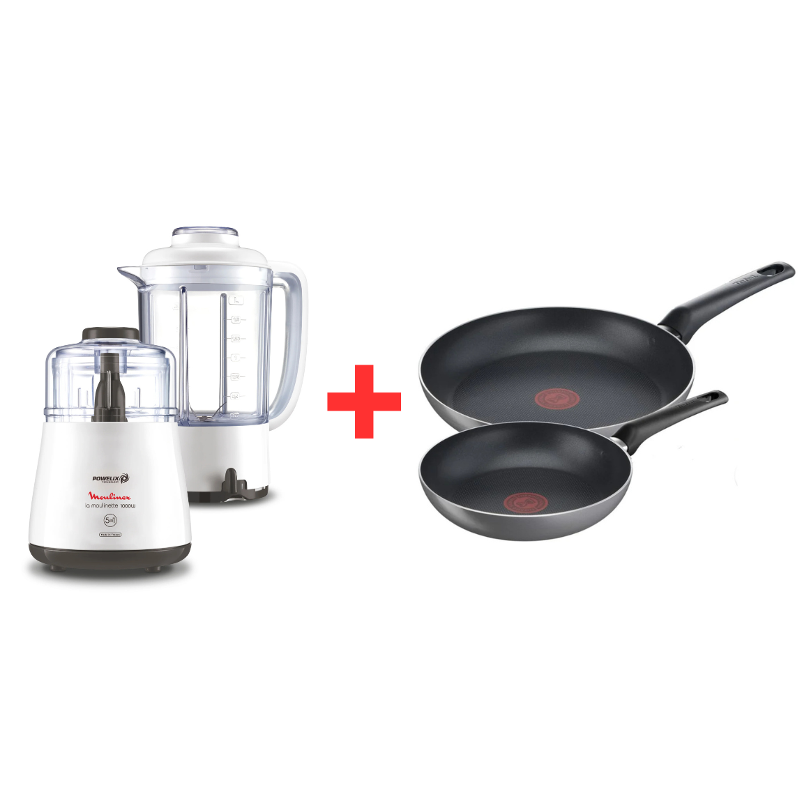 Moulinette Multifonction 1000W + 1 Bol 1.5L + Set Deux Poêles 20 x 28cm Easy Plus